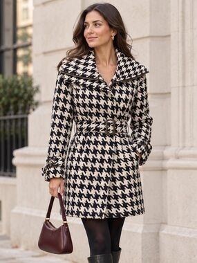 Georgiou Studio Black Cream Houndstooth Belted Coat Size 12